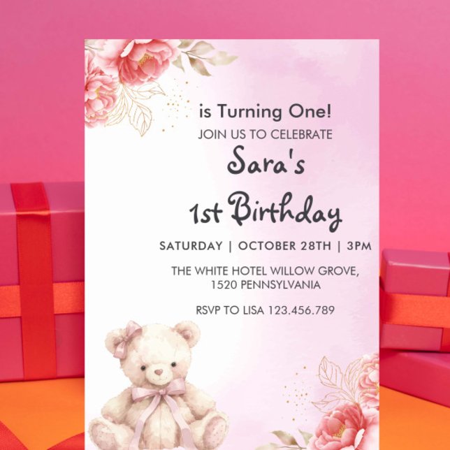 Invitación Elegante y lindo Teddy Floral Primer cumpleaños (Subido por el creador)