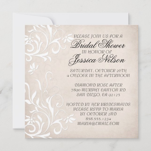 Invitación Elegante y Lujoso Invitador De Ducha Floral Beige- (Anverso)