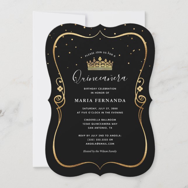 Invitación Elegante y lujoso oro y quinceañera negra (Anverso)