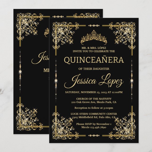 Invitación Elegante y lujoso oro y quinceañera negra (Anverso / Reverso)