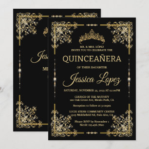 Invitación Elegante y lujoso oro y quinceañera negra