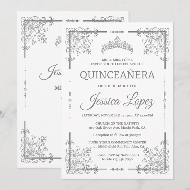 Invitación Elegante y lujoso Quinceanera en blanco y gris (Anverso / Reverso)