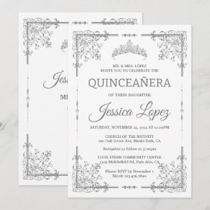 Invitación Elegante y lujoso Quinceanera en blanco y gris