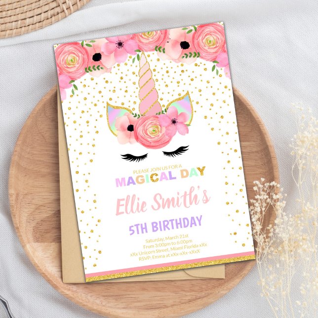 Invitación Elegante y mágica carta de fiesta de cumpleaños (Pink Floral Unicorn Cards)