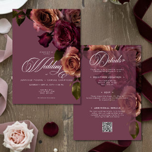 Invitación Elegante y Malhumorado Código QR Floral Burgundy B