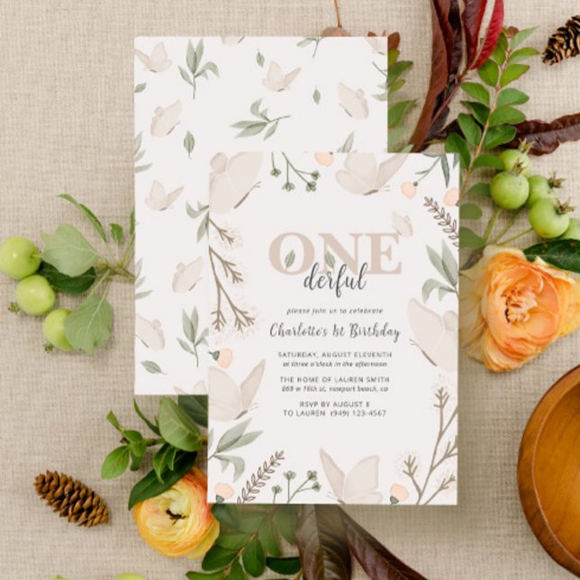 Invitación Elegante y maravilloso mariposa floral 1º cumpleañ (Easily personalize this sweet baby's first birthday invite with your unique details)