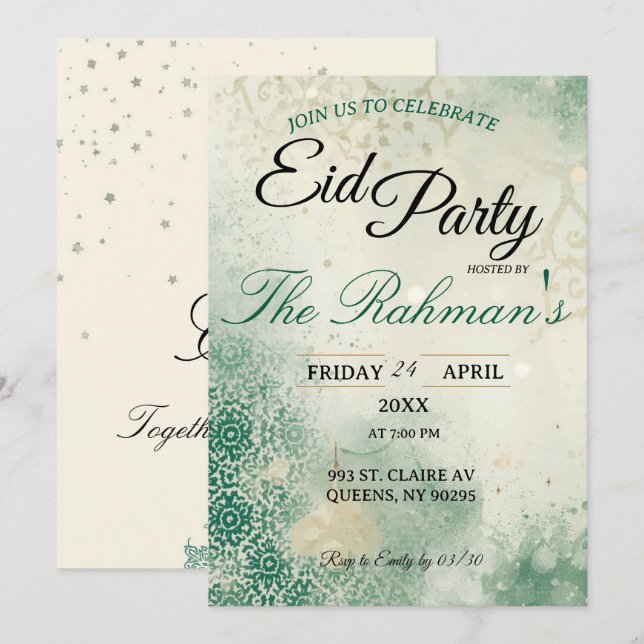 Invitación elegante y minimalista de fiesta de Eid (Anverso / Reverso)
