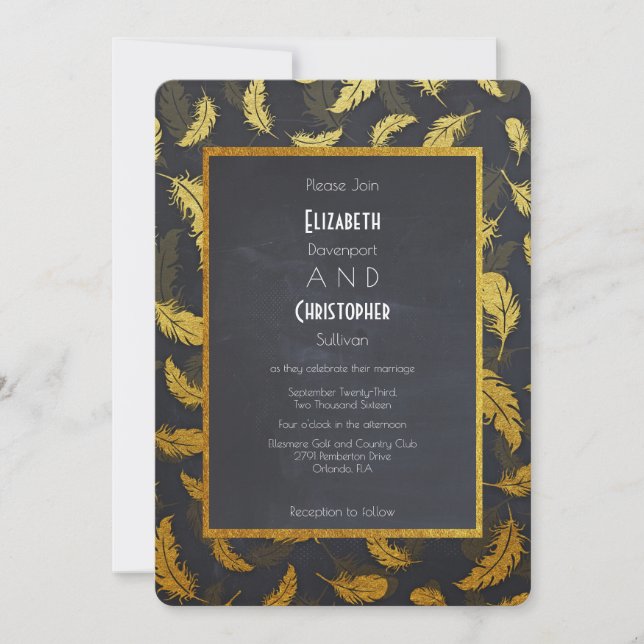 Invitación Elegante Y Moda Boda De Pescado Negro Y Oro (Anverso)