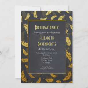 Invitación Elegante Y Moda De Feathers Negro Y Oro Cumpleaños