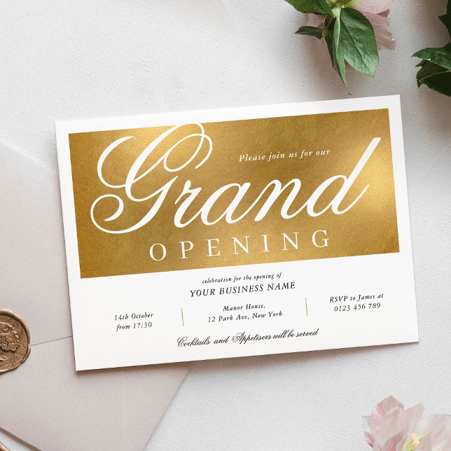 Invitación Elegante y Moda Gran Apertura de Oro (Elegant & Chic Gold Grand Opening Event Business Invitation)