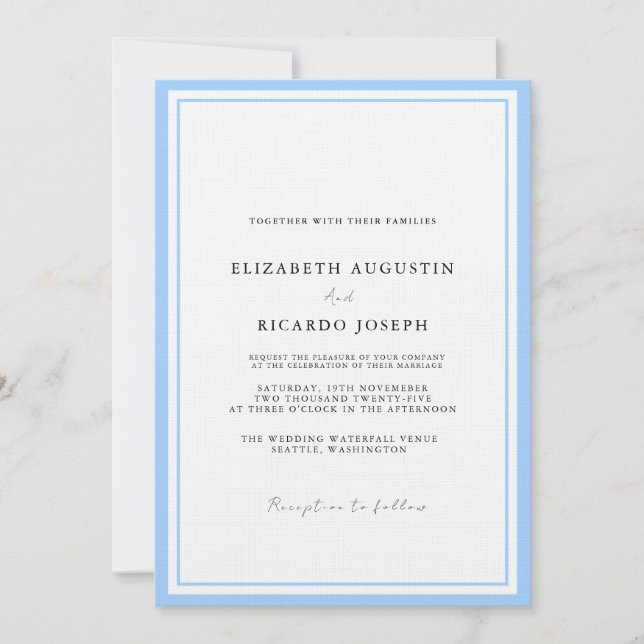 Invitación Elegante y Moda Script Boda Azul (Anverso)