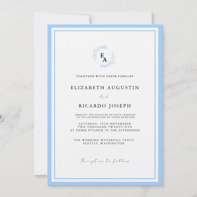 Invitación Elegante y Moda Script Boda Azul (Anverso)