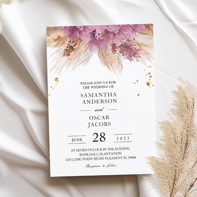 Invitación Elegante y moderna Belleza Orquídea Rosa y Pampas  (Subido por el creador)