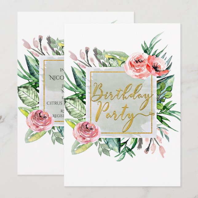 Invitación Elegante y moderna fiesta de cumpleaños floral (Anverso / Reverso)