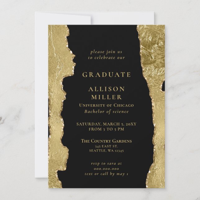 Invitación Elegante y moderna graduación en negro y Relieve m (Anverso)