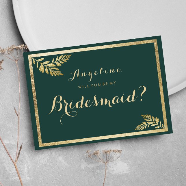 Invitación Elegante y moderna hoja de oro verde del bosque Br (Elegant modern forest green golden leaf Bridesmaid )