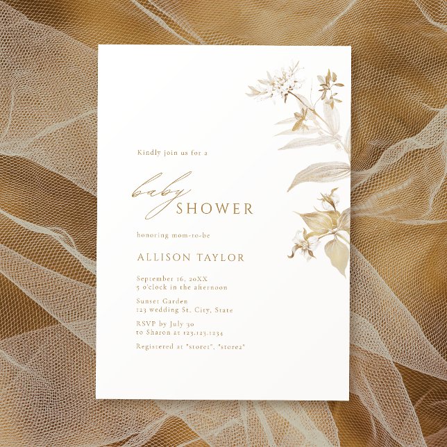 Invitación Elegante y moderno Baby Shower botánico floral de  (Elegant Modern Gold Botanical Floral Baby Shower Invitation)