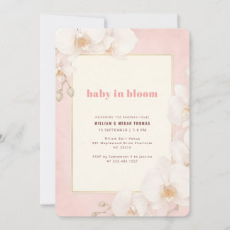 Invitación Elegante y moderno baby shower rosa de bebé en flo