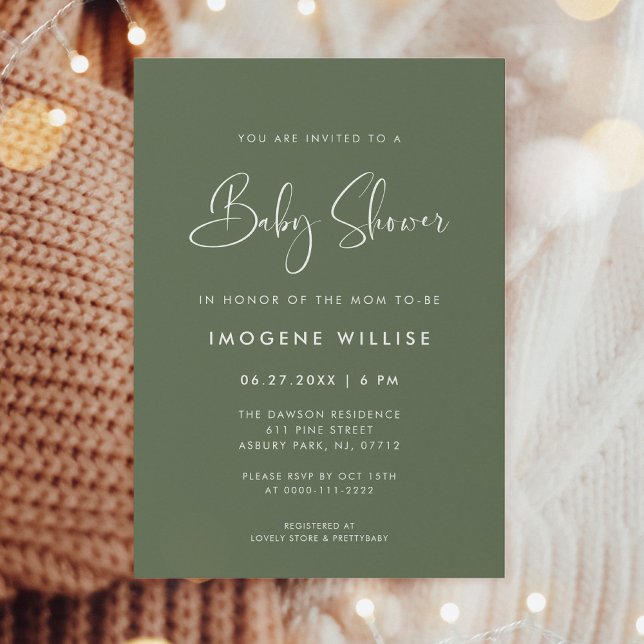 Invitación Elegante y moderno Baby Shower verde oscuro sabio (Subido por el creador)