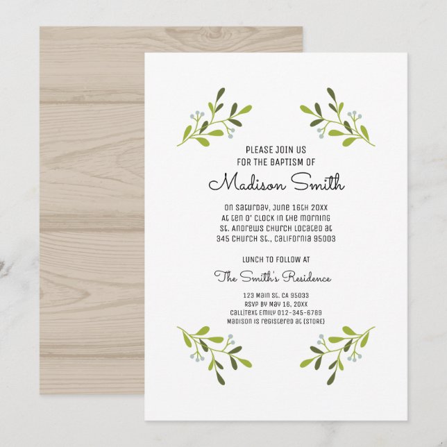 Invitación Elegante y moderno bautismo de vegetación (Anverso / Reverso)
