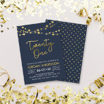 Invitación Elegante y moderno Blue Faux Gold Lights 21 cumple<br><div class="desc">Invitación moderna del 21º cumpleaños con elegantes cuerdas de luces y la palabra "Veintiuno" en oro falso contra un fondo azul oscuro. La tarjeta incluye un patrón de correspondencias en la parte posterior. Consulte otros elementos coincidentes aquí https://www.zazzle.com/collections/strings_of_lights_faux_gold_celebration_collection-119311942951401241?rf=238364477188679314 Personalícelo reemplazando el texto del marcador de posición para agregar su información....</div>