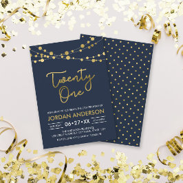 Invitación Elegante y moderno Blue Faux Gold Lights 21 cumple