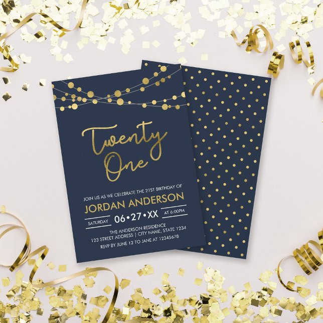 Invitación Elegante y moderno Blue Faux Gold Lights 21 cumple (Subido por el creador)