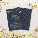 Invitación Elegante y moderno Blue Faux Gold Lights 30 cumple<br><div class="desc">Invitación a la fiesta de cumpleaños número 30 con elegantes hilos de luces y la palabra "Treinta" en falso Relieve metalizado de oro contra un fondo azul oscuro. La tarjeta incluye un patrón de correspondencias en la parte posterior. Consulte otros elementos coincidentes aquí https://www.zazzle.com/collections/strings_of_lights_faux_gold_celebration_collection-119311942951401241?rf=238364477188679314 Personalícelo reemplazando el texto del marcador...</div>