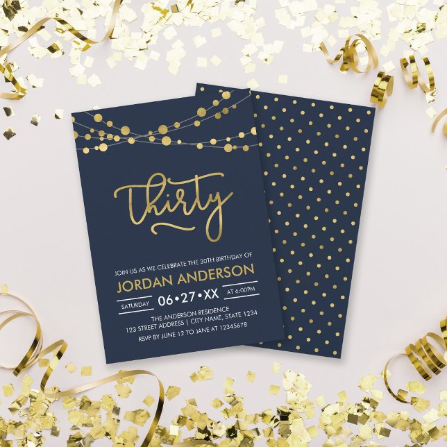 Invitación Elegante y moderno Blue Faux Gold Lights 30 cumple (Subido por el creador)