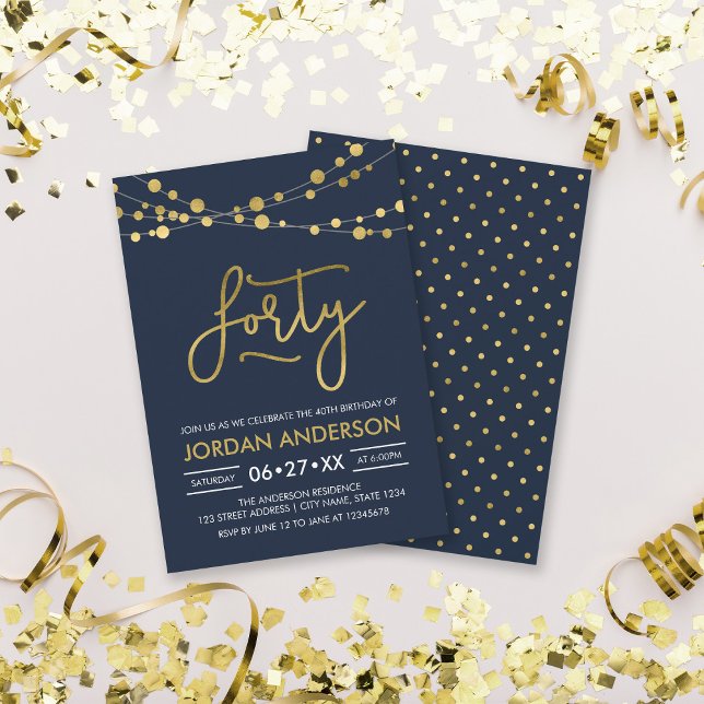 Invitación Elegante y moderno Blue Faux Gold Lights 40 cumple (Subido por el creador)