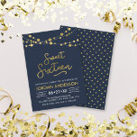 Invitación Elegante y moderno Blue Faux Gold Luces Dulces Die<br><div class="desc">Invitación de 16 cumpleaños con elegante hilo de luces y la palabra "Sweet Sixteen" en oro falso contra un fondo azul. La tarjeta incluye un patrón de correspondencias en la parte posterior. Consulte otros elementos coincidentes aquí https://www.zazzle.com/collections/strings_of_lights_faux_gold_celebration_collection-119311942951401241?rf=238364477188679314 Personalícelo reemplazando el texto del marcador de posición para agregar su información. Para...</div>