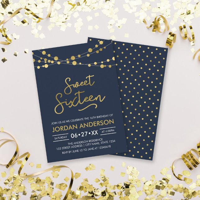 Invitación Elegante y moderno Blue Faux Gold Luces Dulces Die (Subido por el creador)