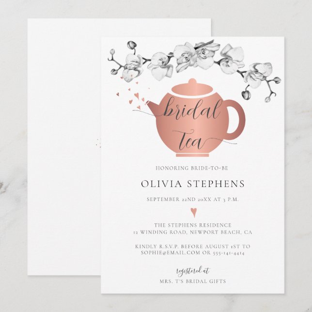 Invitación Elegante y moderno Boho Rosa Orquídeas de Oro Té d (Anverso / Reverso)