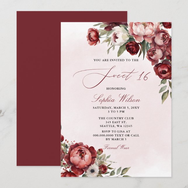 Invitación Elegante y moderno borgoña Rubor Floral Sweet 16 (Anverso / Reverso)