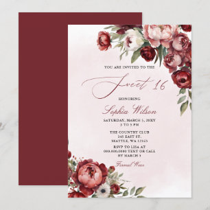 Invitación Elegante y moderno borgoña Rubor Floral Sweet 16