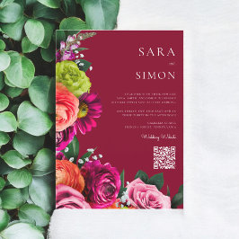 Invitación elegante y moderno código QR floral burgundy boda