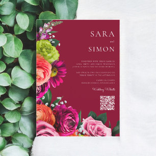 Invitación elegante y moderno código QR floral burgundy boda