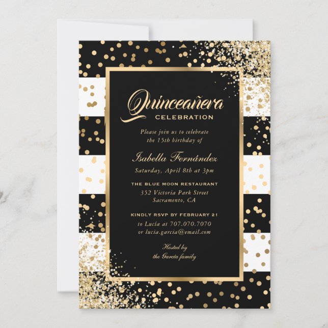 Invitación Elegante y moderno Confetti de oro negro Quinceañe (Anverso)