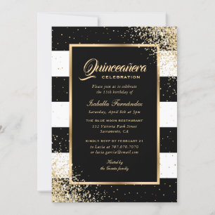 Invitación Elegante y moderno Confetti de oro negro Quinceañe