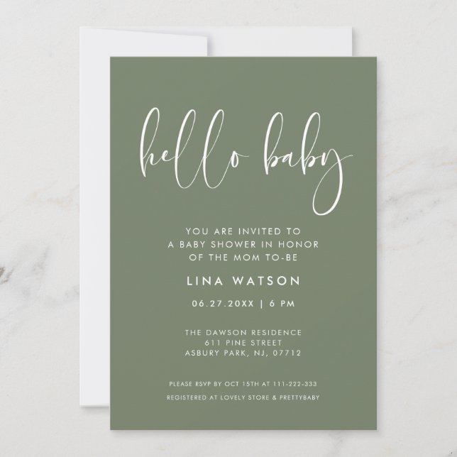 Invitación Elegante y moderno Dark Sage Green Hello Baby (Anverso)