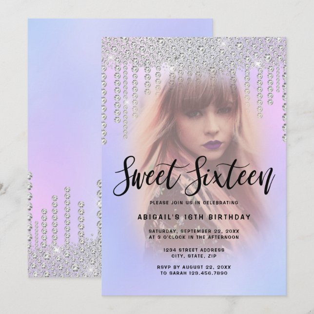 Invitación Elegante y moderno diamante de pollo gotea dulce d (Anverso / Reverso)