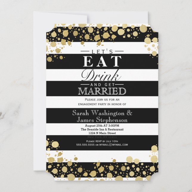 Invitación Elegante y moderno Faux Gold Splatters y Stripes (Anverso)