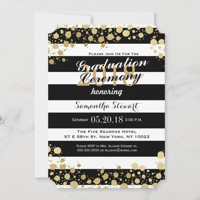 Invitación Elegante y moderno Faux Gold Splatters y Stripes (Anverso)