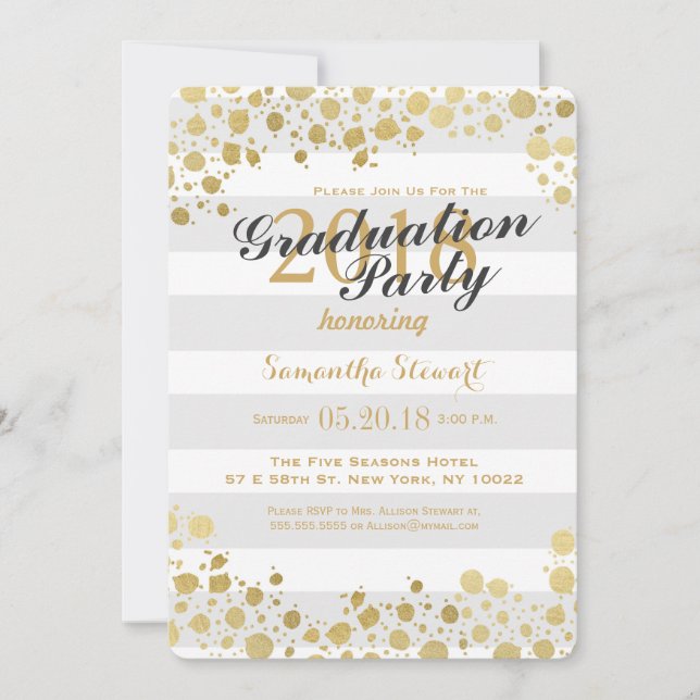 Invitación Elegante y moderno Faux Gold Splatters y Stripes (Anverso)