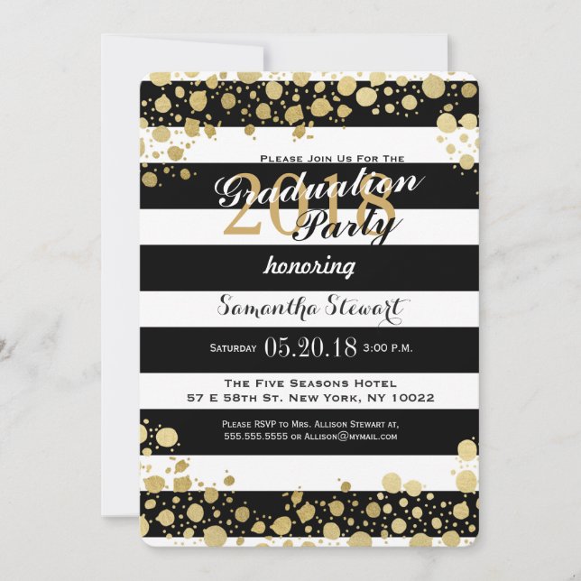 Invitación Elegante y moderno Faux Gold Splatters y Stripes (Anverso)