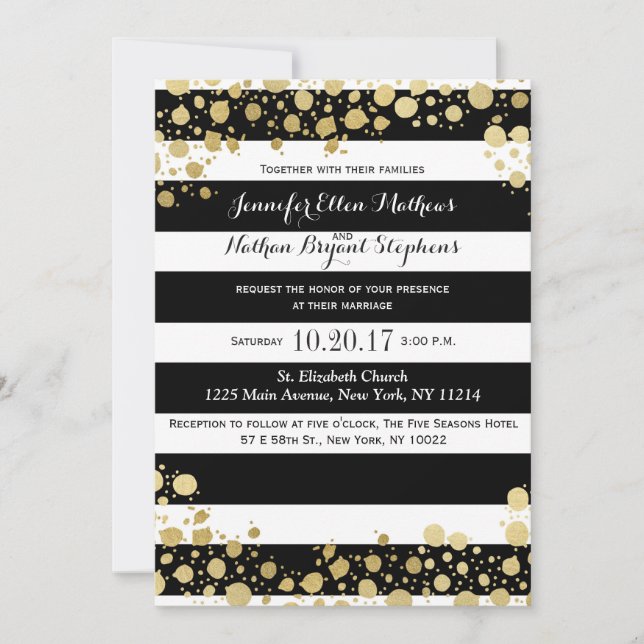 Invitación Elegante y moderno Faux Gold Splatters y Stripes (Anverso)