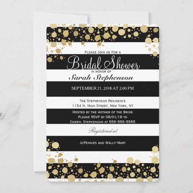 Invitación Elegante y moderno Faux Gold Splatters y Stripes (Anverso)