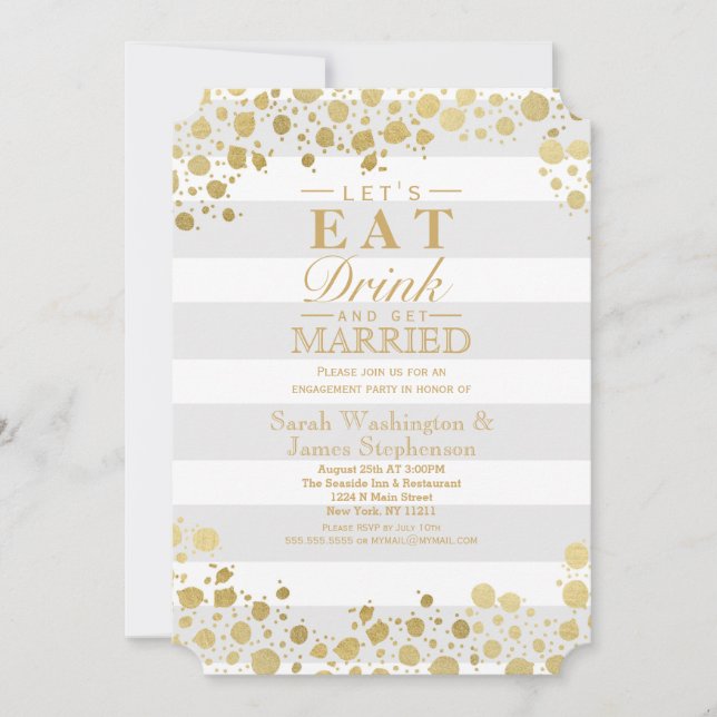 Invitación Elegante y moderno Faux Gold Splatters y Stripes (Anverso)