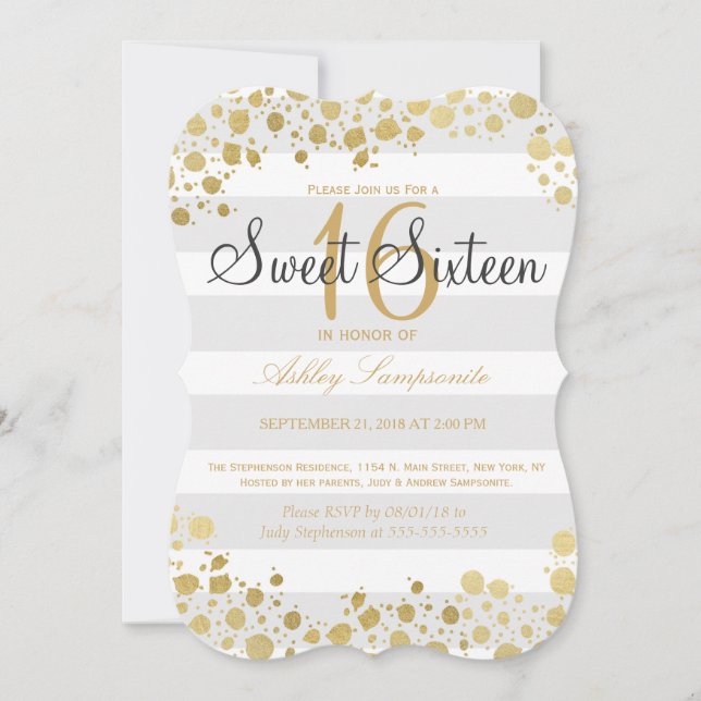 Invitación Elegante y moderno Faux Gold Splatters y Stripes (Anverso)