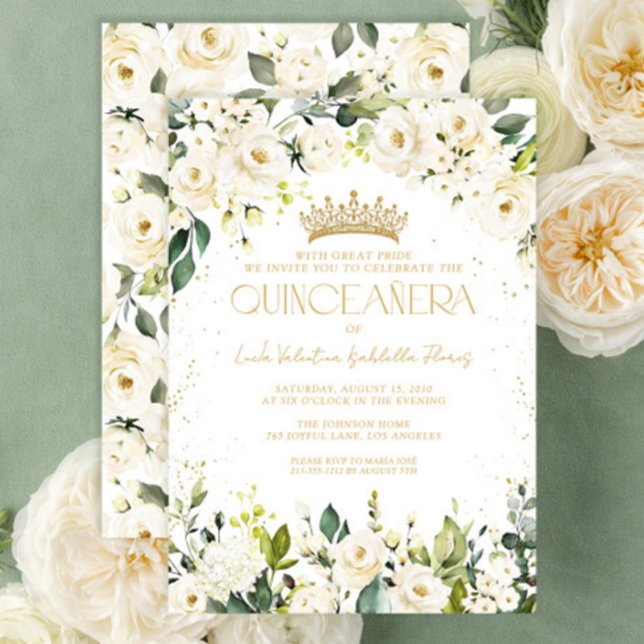 Invitación Elegante y moderno Floral de oro blanco Quinceañer (Subido por el creador)